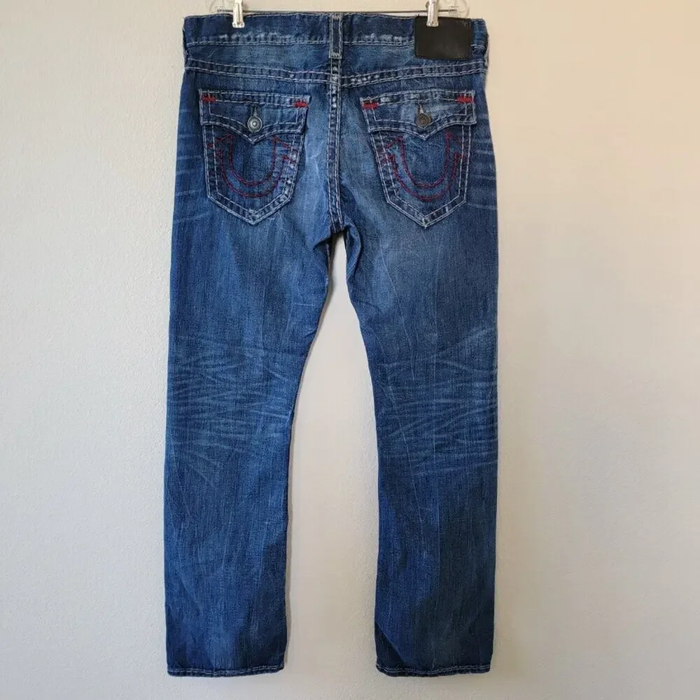 True Religion Ricky Relaxed Straight Leg Jeans Blue Distressed Men Size 38x34